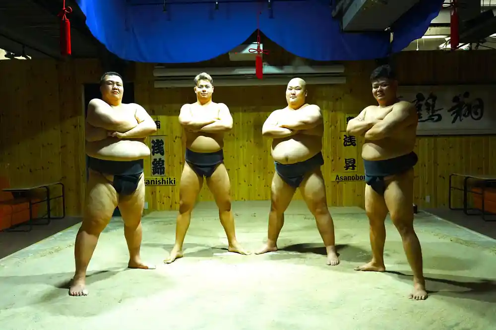Four sumo wrestlers posing in traditional stance for photo
