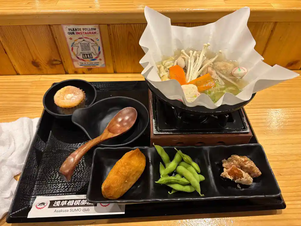 Japanese meal with fish, vegetables, rice and soup