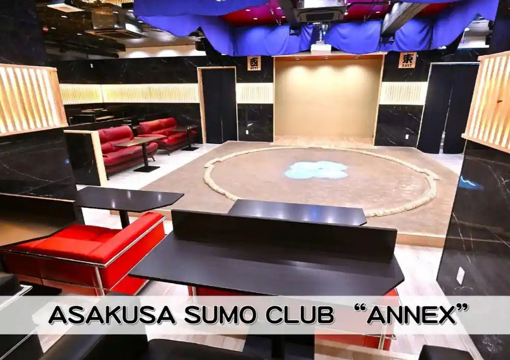 Modern sumo club interior with ring and red seating