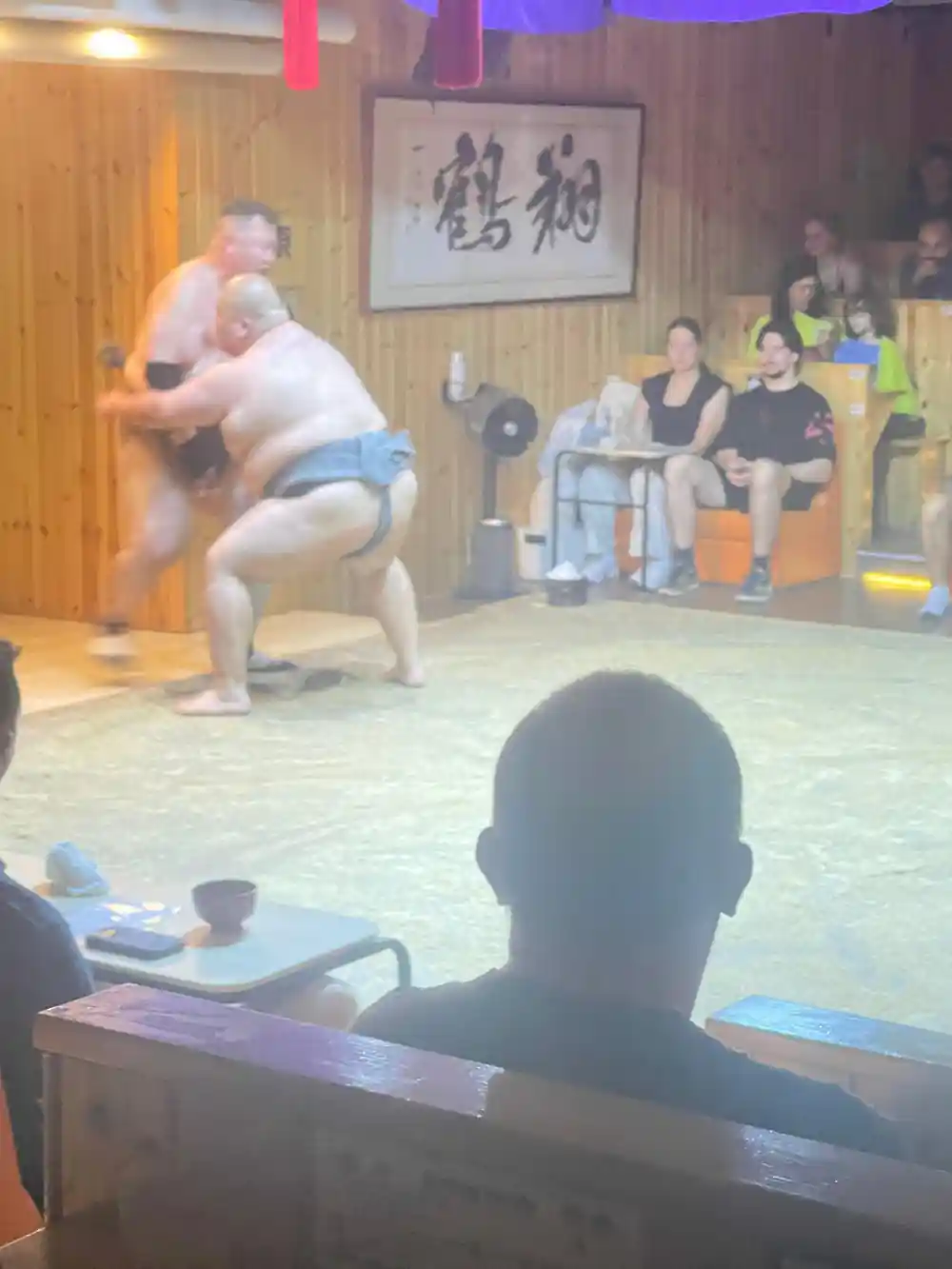Sumo wrestler in crouched position during match
