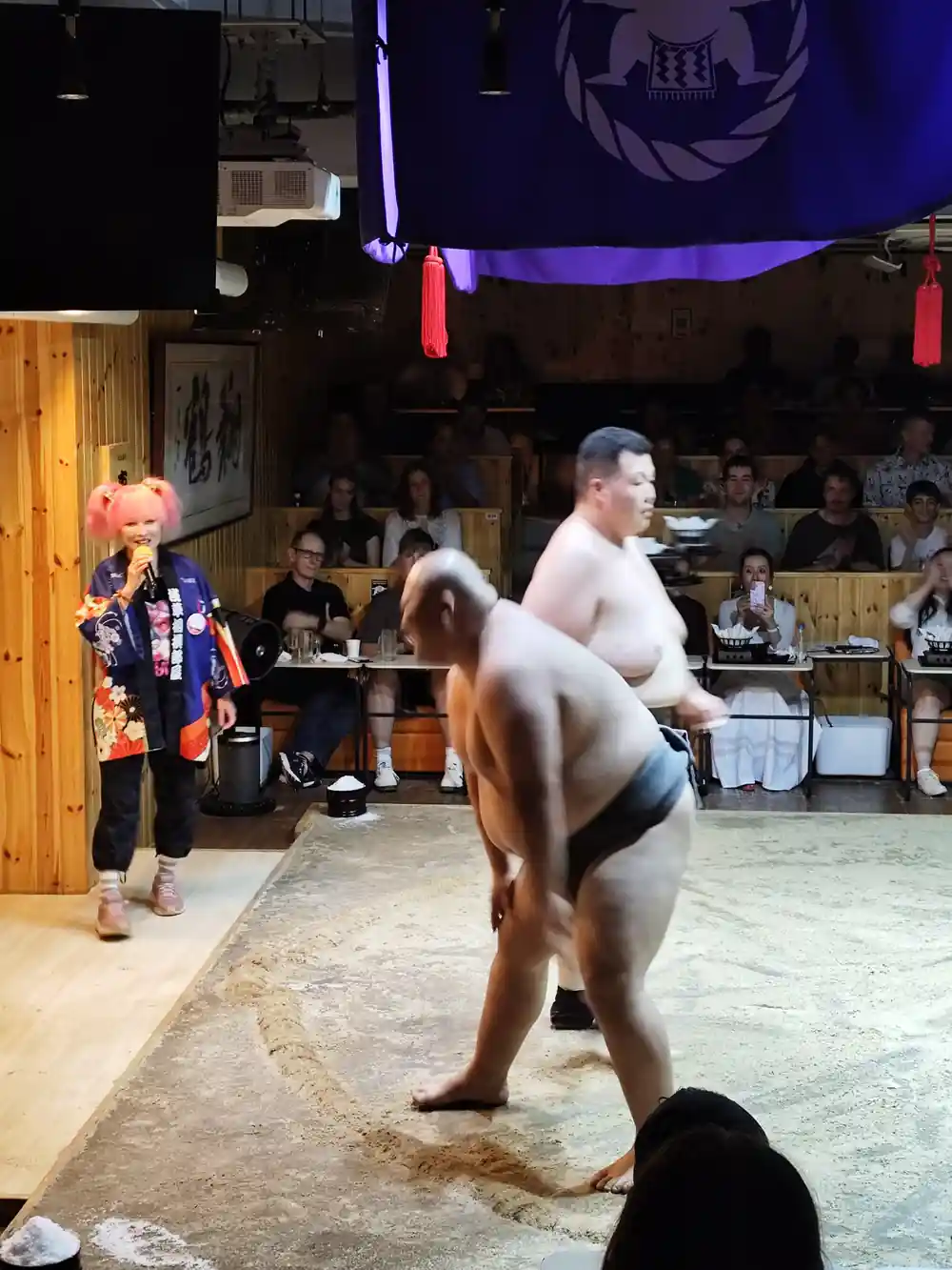 Sumo wrestler crouching in competition ring with spectators