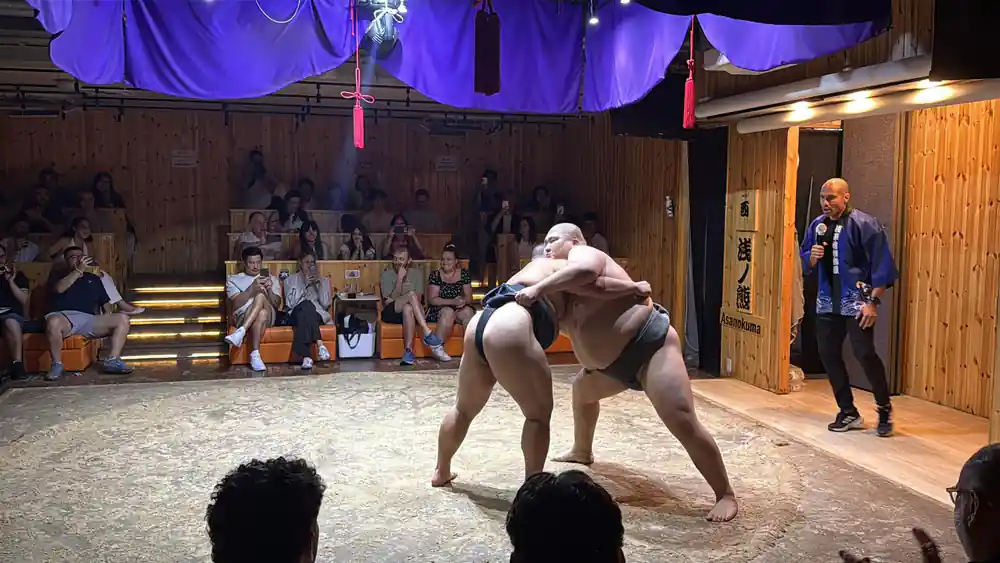 Sumo wrestler performing move during match with crowd visible