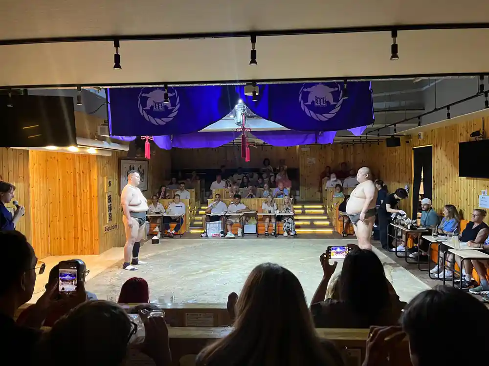 Sumo wrestlers performing on sand arena with spectators