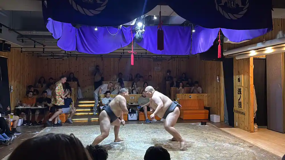 Two sumo wrestlers in crouching stance during match