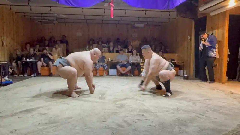 Two sumo wrestlers crouching in traditional dohyo ring