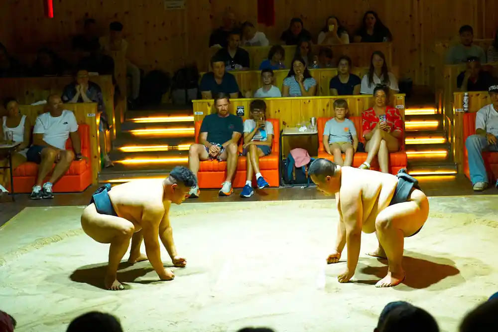 Two sumo wrestlers in ring during match with spectators